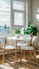 a small apartment, featuring a dining table and chairs as the focal point, with the bathroom door subtly visible in the background, embodying the minimalist elegance of Scandinavian home decor.