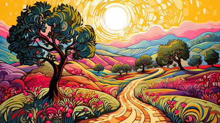 Expressionist art colorful summer landscape with winding path and trees