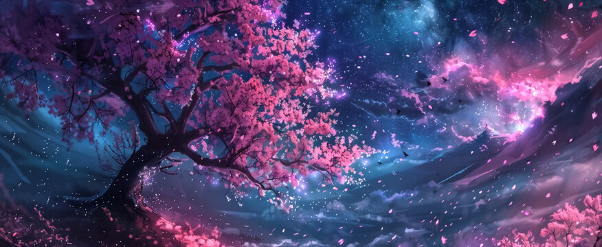 Cherry blossoms dancing in the magical night sky Picture of tree