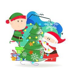 Santa Claus and elf decorating Christmas tree. Character, helper, magic. Can be used for topics like holiday, celebration, party.