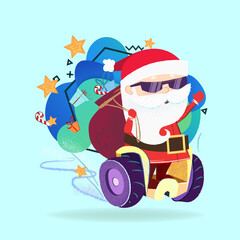Santa Claus riding on hoverboard. Character, device, present. Can be used for topics like delivery, technology, Christmas