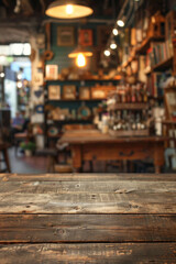 A wooden counter in the foreground with a blurred background of an antique shop. The background features vintage furniture, old books, and unique collectibles