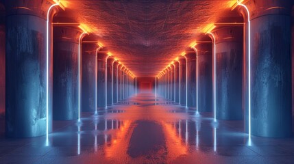 Sci Fi Futuristic Dark Underground Warehouse Tunnel Corridor Concrete Columns Spikes Vibrant Orange Blue Light. Generative AI.