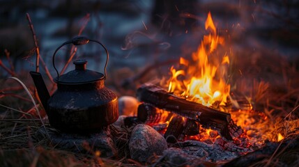 Kettle on a fire. Campfire background. Large black kettle on hearth in a camp in the forest. Bonfire at night. Adventure or expedition concept.