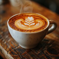 The cup should be filled with freshly brewed coffee, featuring intricate latte art on the surface, such as a leaf or heart design.