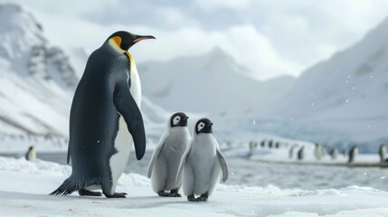 Fototapeta premium King penguin family with babies standing in an arctic winter landscape with snow