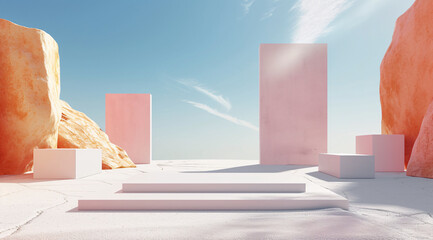 3D render of a minimalist summer scene stage display mockup for product presentation, summer scene stage display