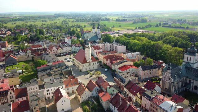 The Renovated And Reconstructed Renaissance Building Of City Hall In Glogowek Poland. Aerial Shot