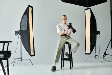 A man sitting on a stool interacts with a camera.