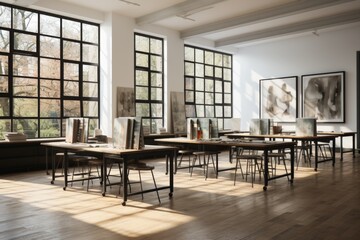 Empty art classroom with tables and chairs. Modern white classroom interior with school desks