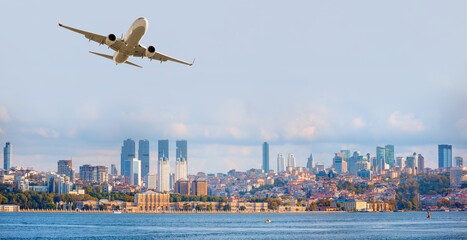 Airplane flying above the Dolmabahce palace - Istanbul, Turkey