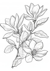 This coloring page features a simple, detailed line drawing of a magnolia flower with leaves and buds, perfect for adults and children.