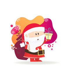Obraz premium Santa with gifts poster design. Drawing of cartoon Santa Claus carrying sack with presents and giving gift box background with snowflakes. Can be used for topics like Christmas, holiday, festival, car