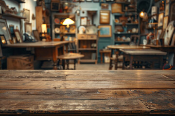 A wooden counter in the foreground with a blurred background of an antique shop. The background features vintage furniture, old books, and unique collectibles
