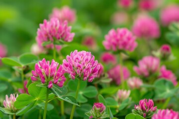 Obraz premium Pink clover flowers bloom in a field of green foliage, creating a vibrant display of color and life