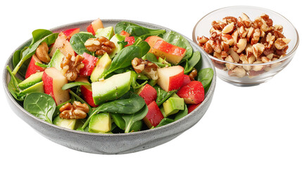 A vibrant fruit salad featuring red apples, avocado, spinach, and walnut on a transparent background. Perfect for those who love healthy eating with fresh ingredients.