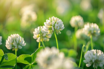 A close-up image of white clover flowers blooming in a lush green field. The flowers are in focus, while the background is slightly blurred, creating a sense of depth