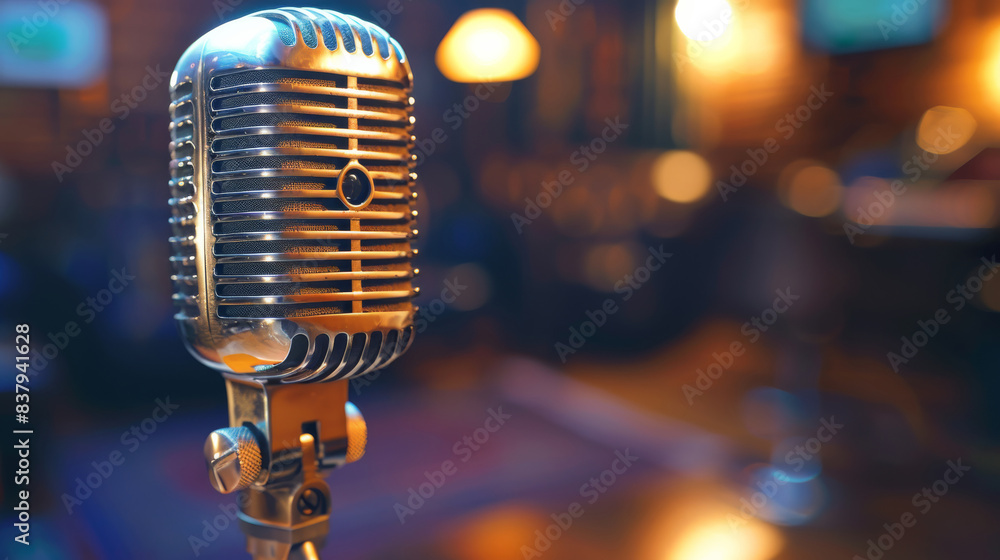 Poster A broadcasting microphone used in radio shows or voice over recordings. Generative AI.