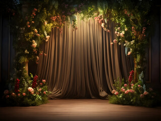 wedding stage decoration with flower, Luxury Wedding Arch with floral decorations, white backdrop with decorative flowers