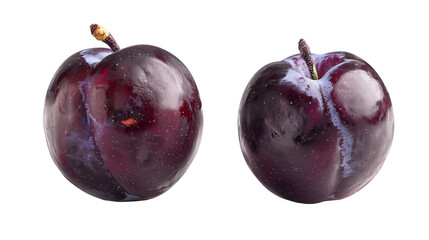 Obraz premium Two fresh dark purple plums isolated on transparent background