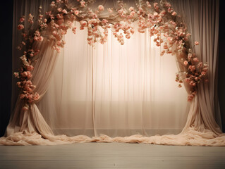 wedding stage decoration with flower, Luxury Wedding Arch with floral decorations, white backdrop with decorative flowers