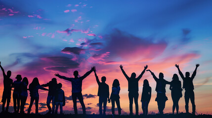 A joyous and uplifting scene of a group of people silhouetted against a vibrant, colorful sky during sunset or sunrise.