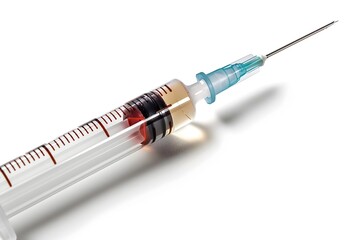 Fototapeta premium Photo of a Syringe Isolated on a White Background Showcasing Medical Equipment for Healthcare and Pharmaceutical Applications