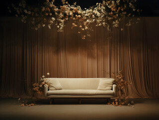 wedding stage decoration with flower, Luxury Wedding Arch with floral decorations, white backdrop with decorative flowers