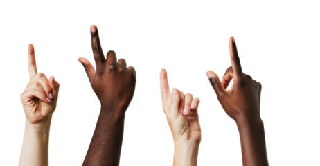 Diverse Hands Pointing Up in Unison on White Background