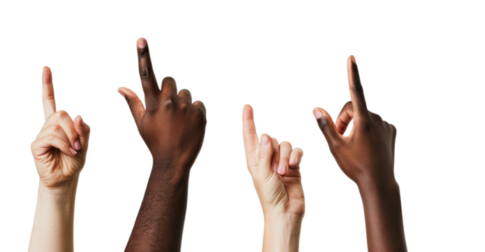 Diverse Hands Pointing Up in Unison on White Background - Powered by Adobe