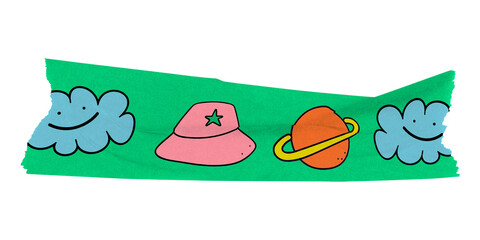 Cute washi tape png collage element, colorful kids pattern on transparent background