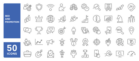 Set of 50 line icons related to seo, promotion, marketing, advertising, campaign, Editable stroke. Vector illustration
