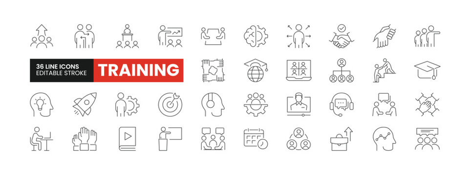 Set of 36 Training and Coaching line icons set. Training outline icons with editable stroke collection. Includes Presentation, Managing, Online Lesson, Graduation, Help, and More.