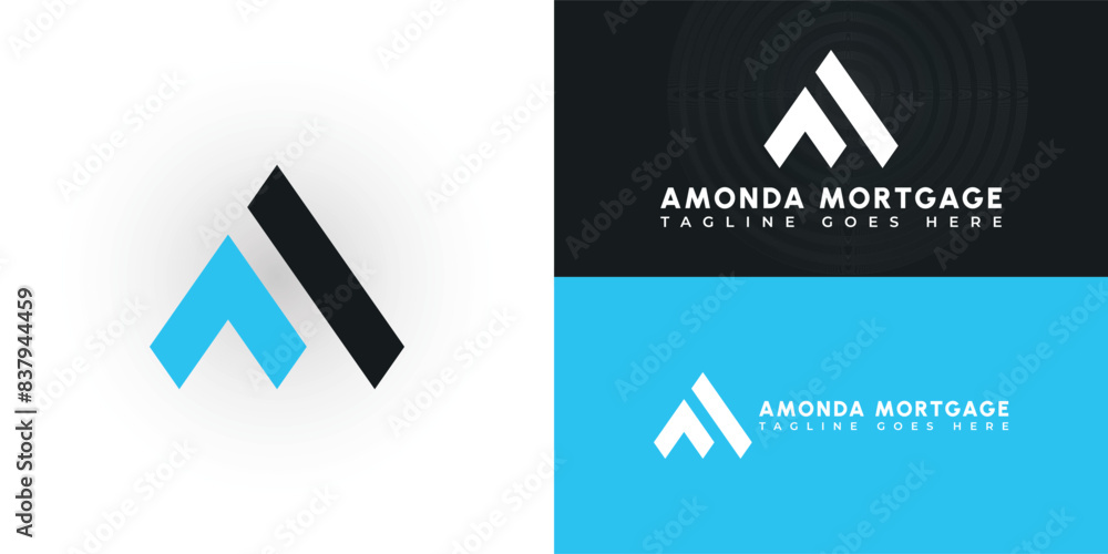 Poster abstract initial triangle letters am or ma logo in blue-black color isolated on multiple background 