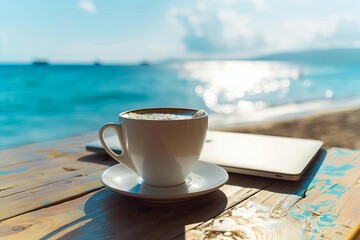 A digital nomad enjoying coffee while working on a laptop by the beach, representing travel and freedom selective focus, beach lifestyle theme, ethereal, overlay, ocean backdrop