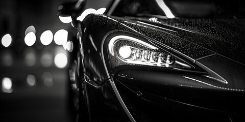 Automotive photography close-up of a sleek headlight design on a black luxury sports car in monochrome.