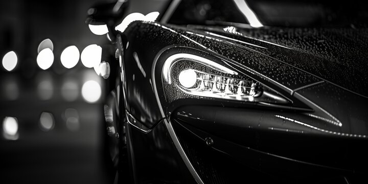 Automotive photography close-up of a sleek headlight design on a black luxury sports car in monochrome.