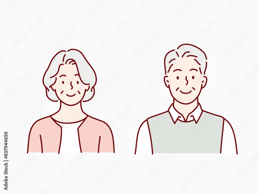 Wall mural happy senior man and woman face illustration. drawn style vector design illustrations.