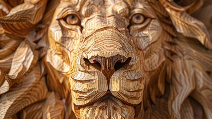 Fototapeta premium Lion head sculpture made of wood, close-up portrait picture. Woodcarving technique. Colorful impasto style.