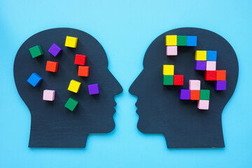 Two heads with and without cubes in structure as a concept of mentoring and training.