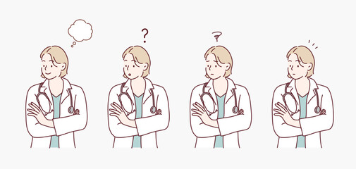 Naklejka premium Female doctor's facial expression set. Hand drawn style vector design illustrations.