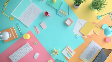 Fototapeta premium A colorful and organized desk with a laptop, keyboard, mouse, notebooks, and other office supplies