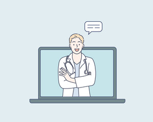 Doctor with online medical consultation concept, Healthcare services, Ask a doctor. Hand drawn style vector design illustrations.