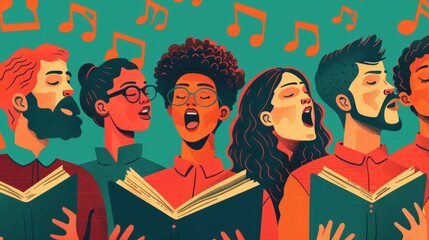 Colorful illustration of a diverse choir singing from music books, with musical notes floating in the background.
