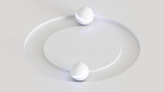 White geometry background, dynamic of ball rolling around circle, 3d render looping animation