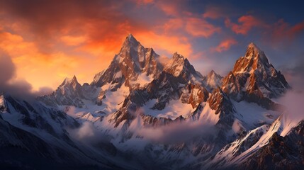Panorama of Himalaya mountains at sunset, Everest region, Nepal