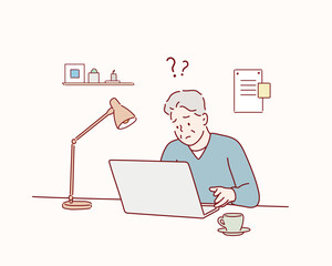 Elderly person study to work on notebook or computer and having difficulties. Hand drawn style vector design illustrations.