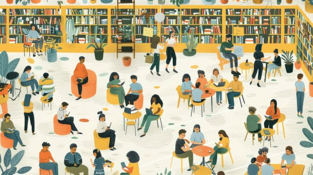 Colorful library scene with people reading and socializing, a vibrant illustration capturing community and knowledge sharing.