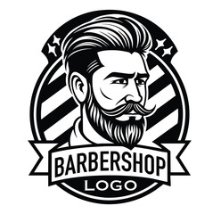 Barbershop logo template with a bearded man. Black and white vector illustration.