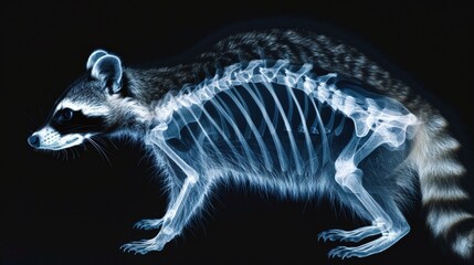 X-ray scan of raccoon. A curious raccoon carries a skeleton on its back through a mysterious, eerie forest. The skeleton gleams in the moonlight as the raccoon navigates carefully.